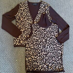 Kasper 2PC Cardigan Turtle Neck Womens Small Rich Chocolate Brown Animal Print